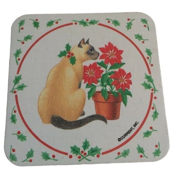 Vintage Christmas Coasters Siamese Cat Poinsettia Holly 6pc Cork Back Y2K Retro - Picture 2 of 8